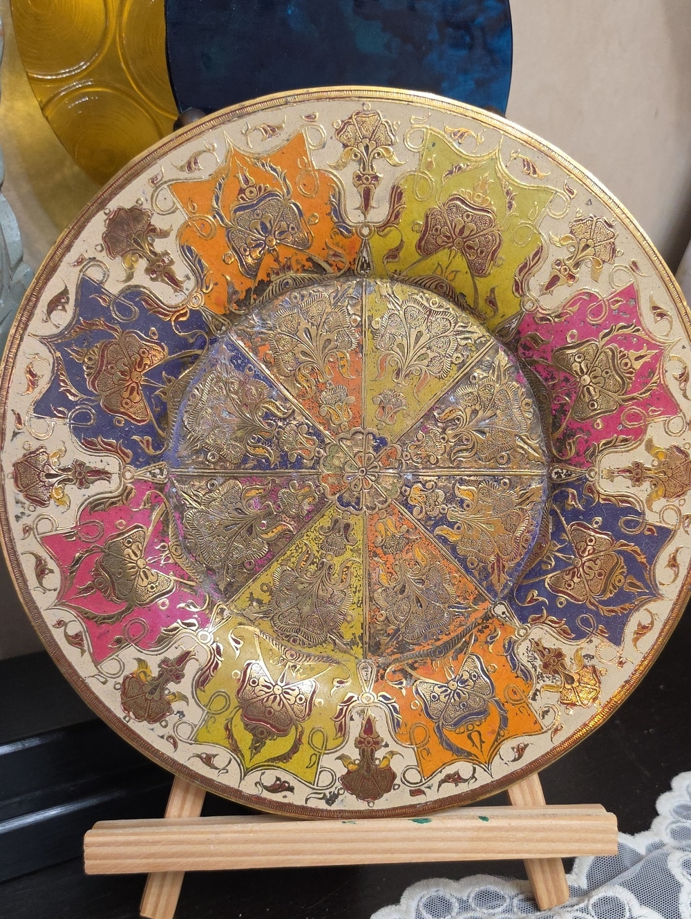 Vtg Brass Hand-Painted Multicolor Decorative Wall Plate - Home Wall Decor